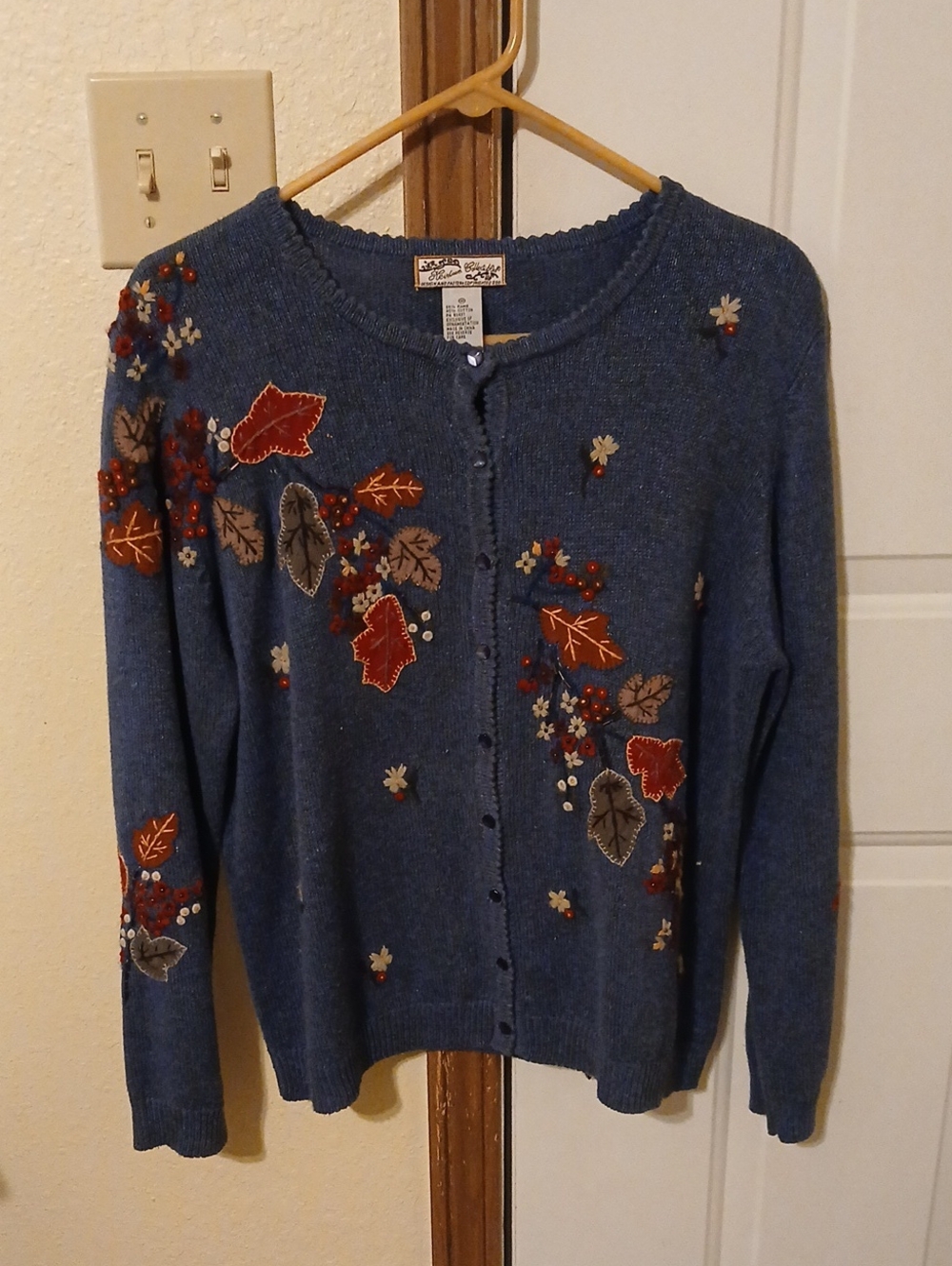 Vintage Blue Embroidered Button-Front Cardigan Sweater